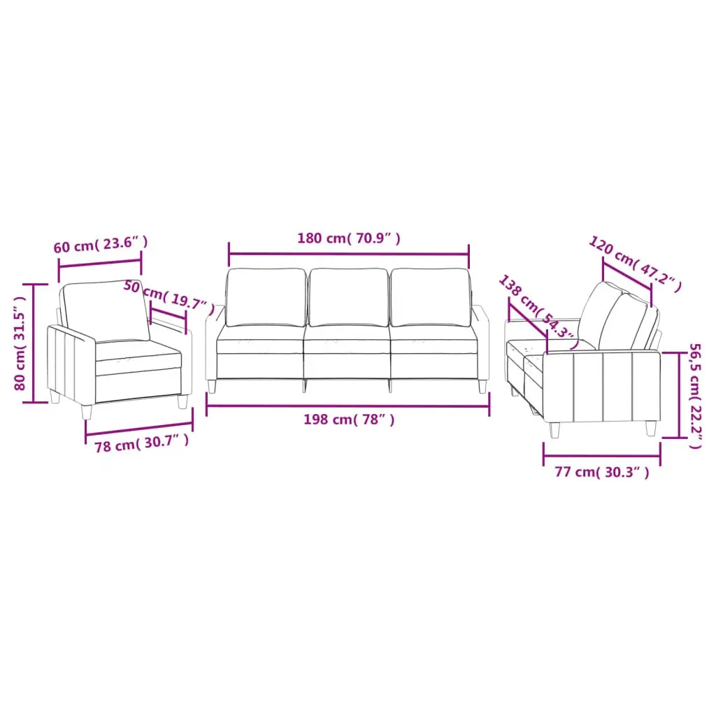 3 Piece Sofa Set Black Faux Leather Modern Living Room Furniture