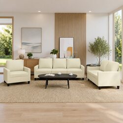 Cozy 3 Piece Cream Faux Leather Sofa Set