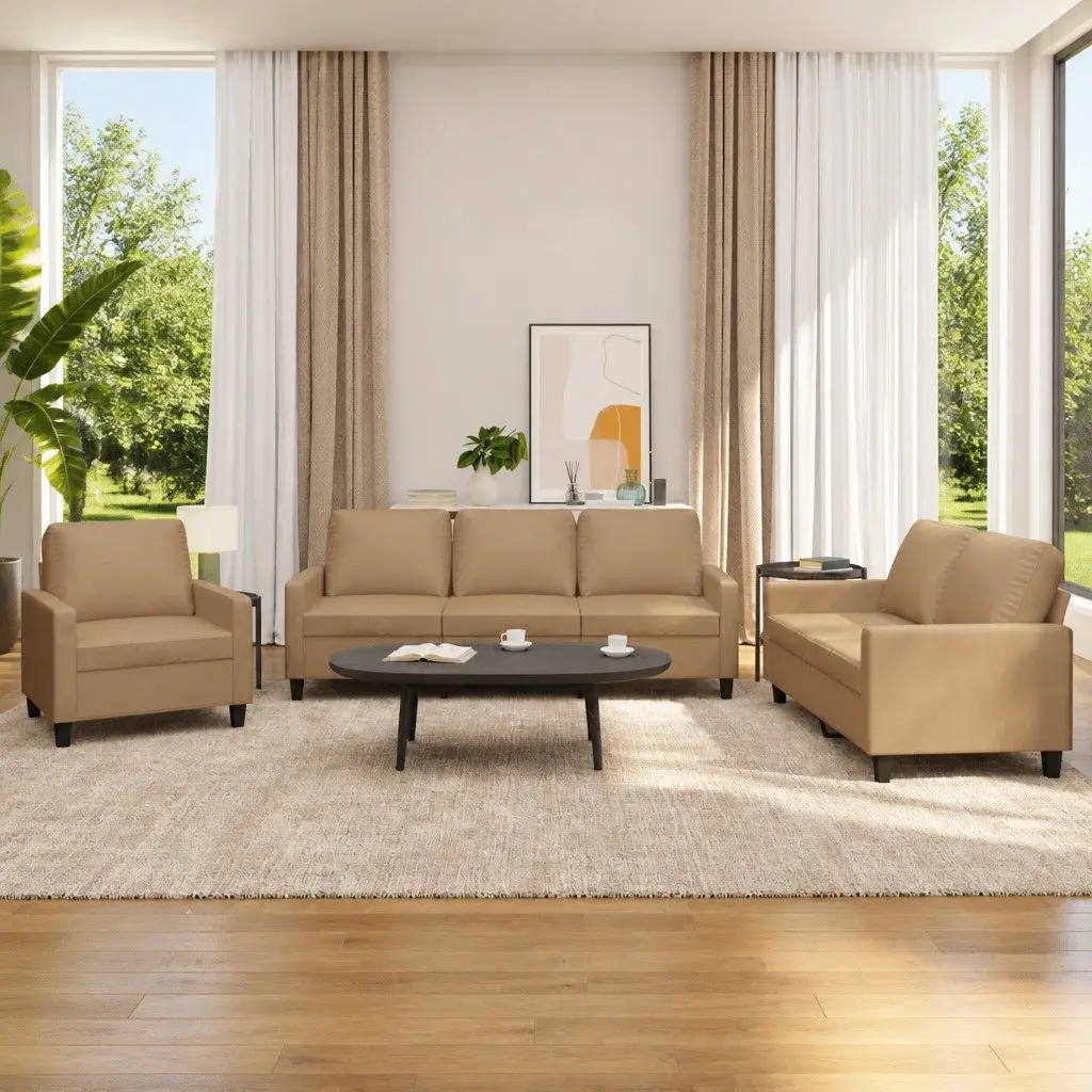 3 Piece Sofa Set Brown Faux Leather Contemporary Couch
