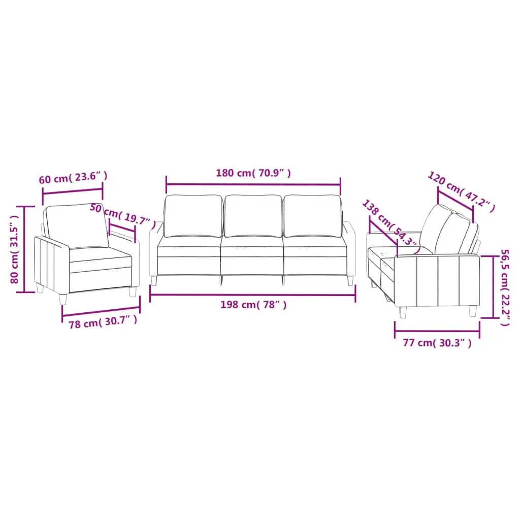 3 Piece Sofa Set Brown Faux Leather Contemporary Couch