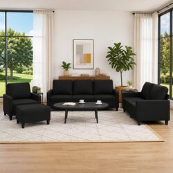 4-Piece Black Faux Leather Sofa Set with Footstool