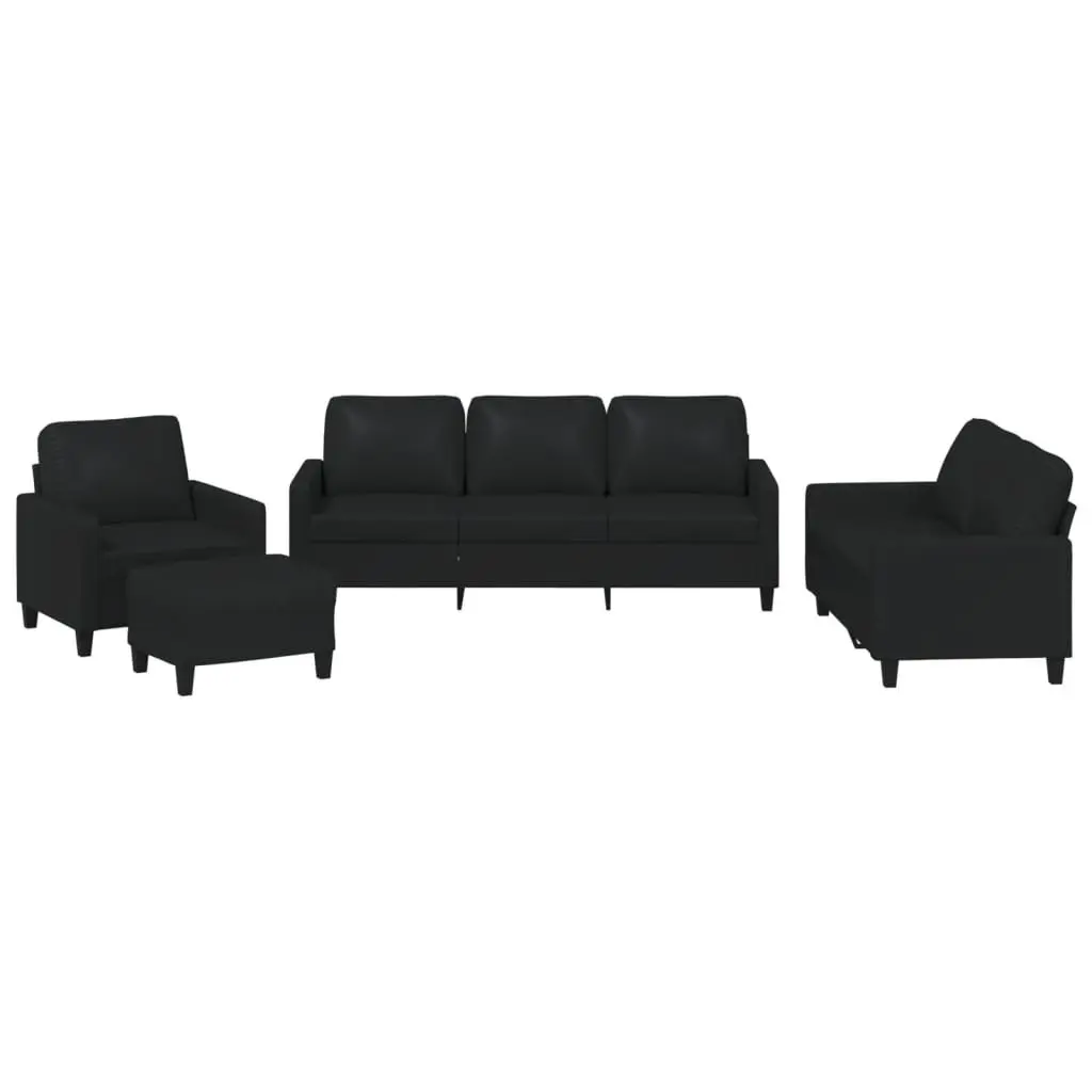 4 Piece Sofa Set with Footstool Cushions Black Faux Leather Living Room