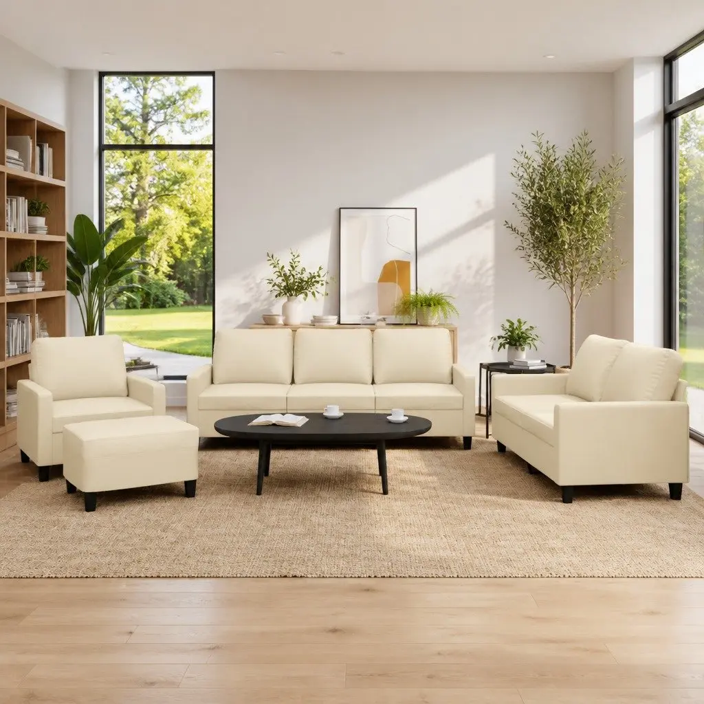 4 Piece Faux Leather Sofa Set Cream with Cushions Compact Living Room Furniture