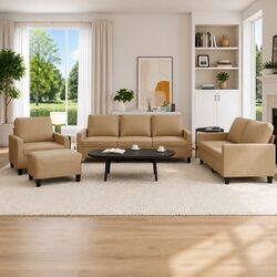 Cozy 4 Piece Faux Leather Sofa Set with Footstool