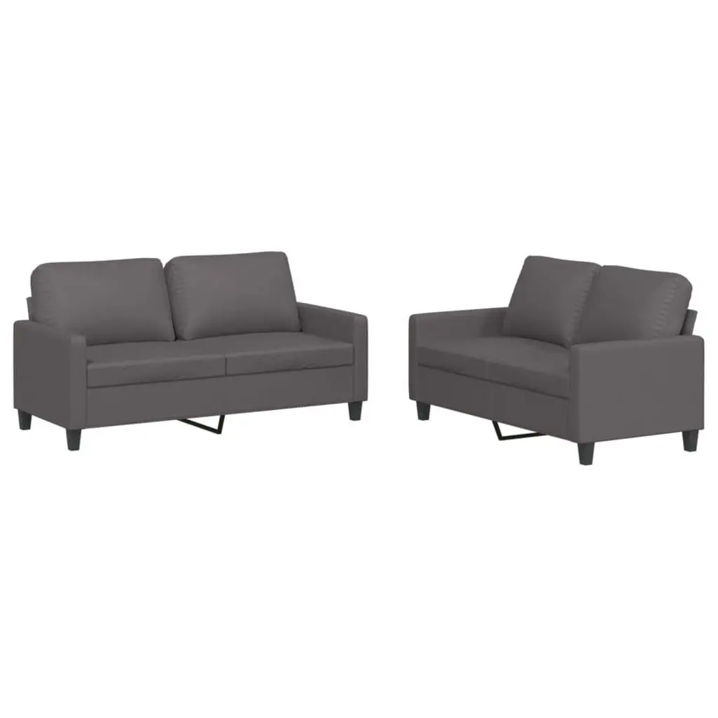 Grey Faux Leather 2 Piece Sofa Set Durable Living Room Seating with Cushions