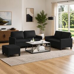 3 Piece Black Faux Leather Sofa Set with Cushions