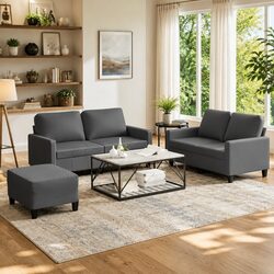 3 Piece Grey Sofa Set with Footstool for Living Room
