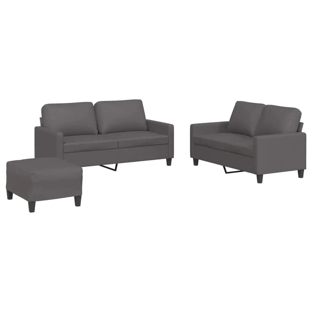 3 Piece Sofa Set Compact Faux Leather Grey Living Room Furniture with Footstool