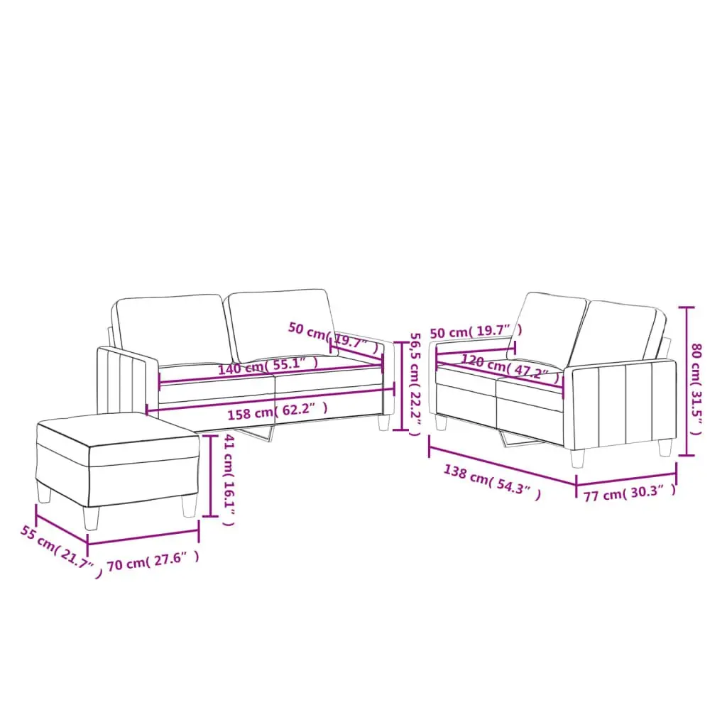 3 Piece Sofa Set Compact Faux Leather Grey Living Room Furniture with Footstool