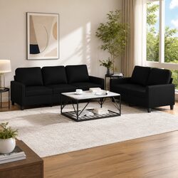 Cozy Black Faux Leather 2 Piece Sofa Set with Cushions