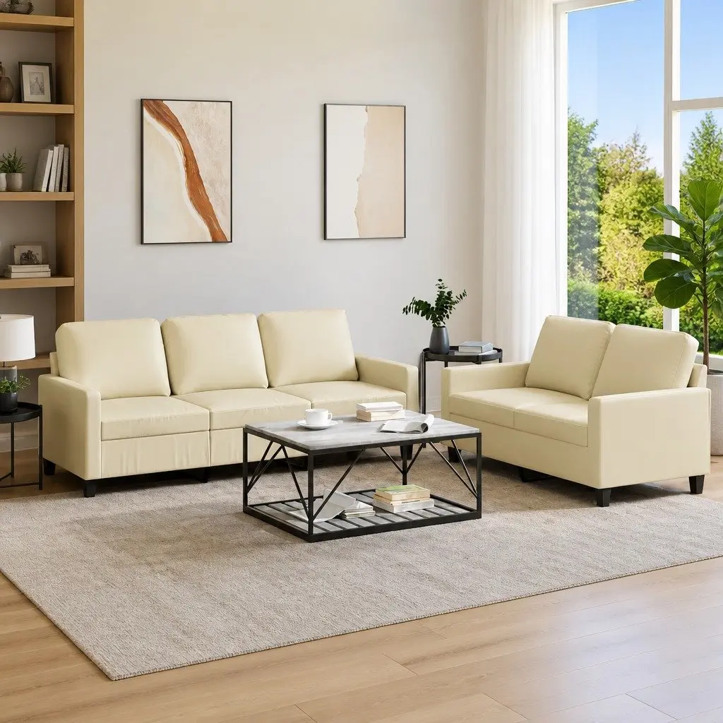 2 Piece Sofa Set Cream Faux Leather Living Room Furniture