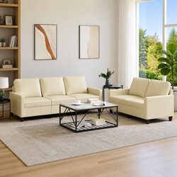 Cream Faux Leather 2 Piece Sofa Set with Cushions
