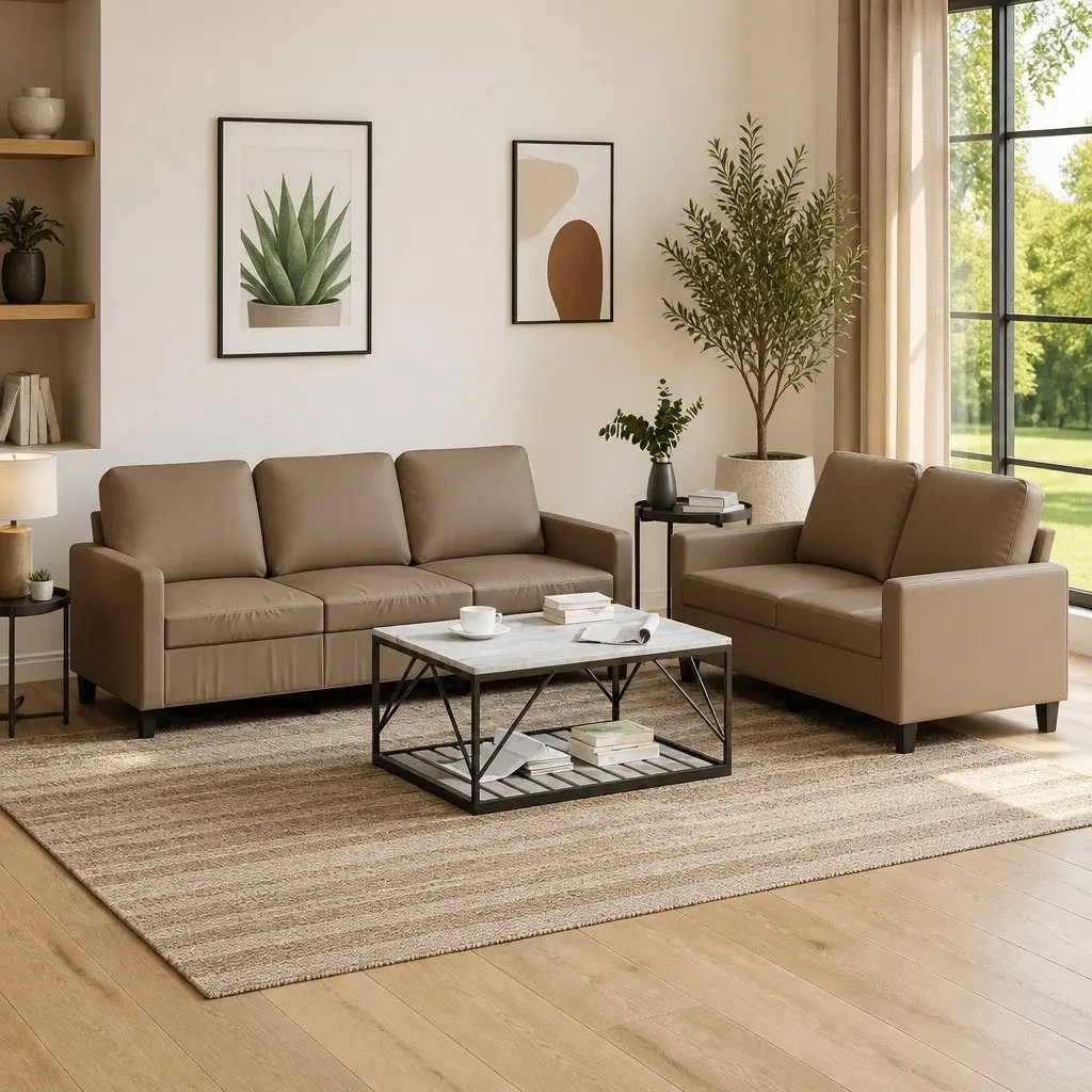 2 Piece Sofa Set Brown Faux Leather Contemporary Living Room Furniture