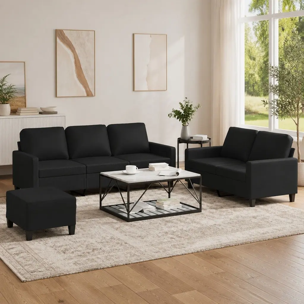3 Piece Sofa Set Black Faux Leather Plywood and Metal