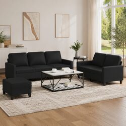 Black Faux Leather 3 Piece Sofa Set with Footstool