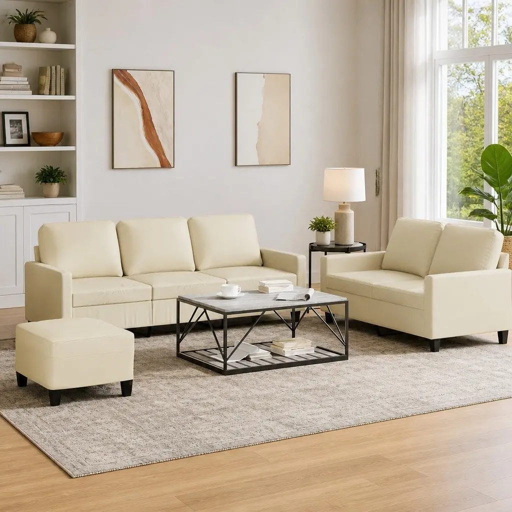 3 Piece Cream Faux Leather Sofa Set with Footstool Living Room Furniture