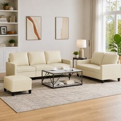 Cream Faux Leather 3 Piece Sofa Set with Footstool