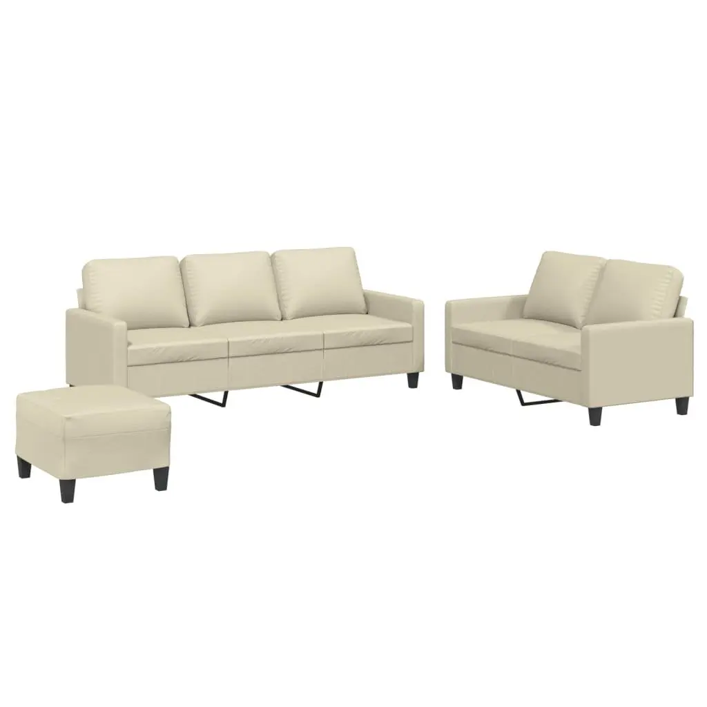 3 Piece Cream Faux Leather Sofa Set with Footstool Living Room Furniture