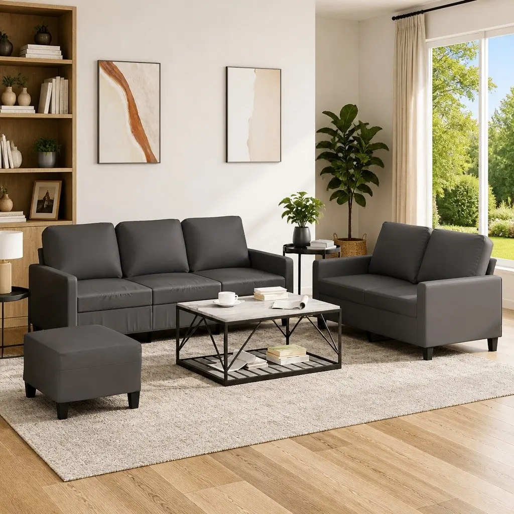 3 Piece Sofa Set Grey Faux Leather with Cushions