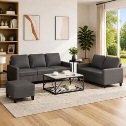 Grey Faux Leather 3 Piece Sofa Set with Cushions