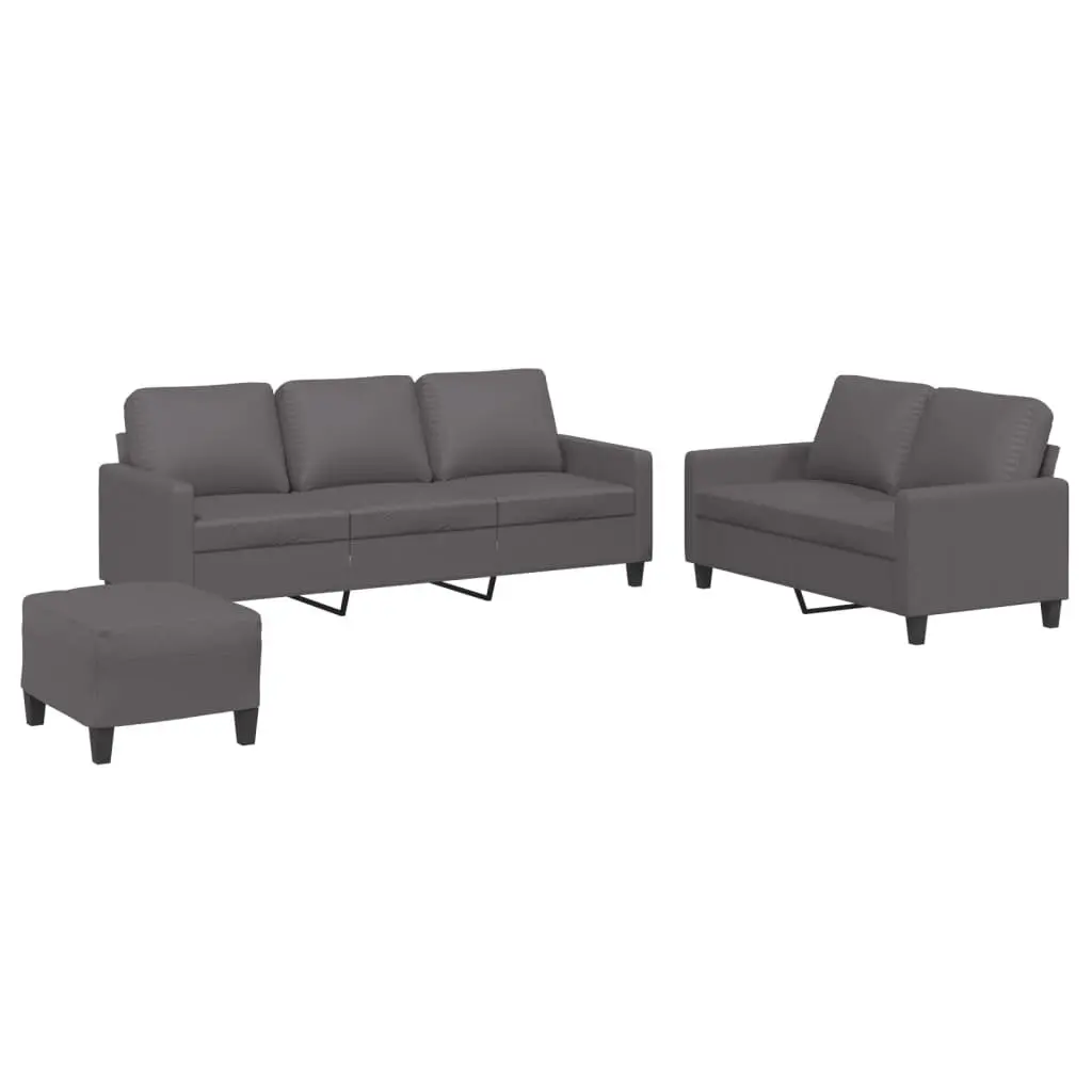 3 Piece Sofa Set Grey Faux Leather with Cushions