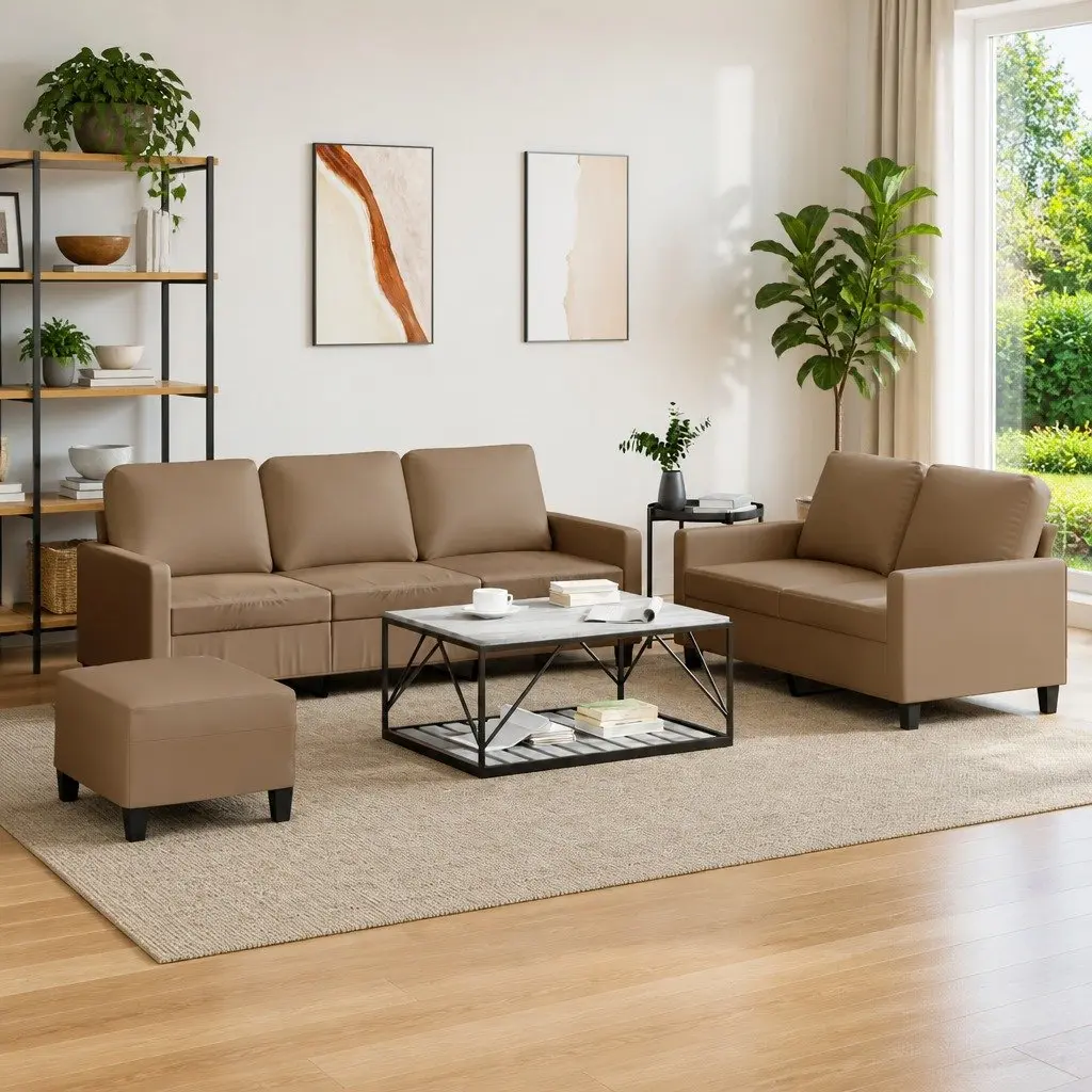 3 Piece Sofa Set Brown Faux Leather Compact Living Room