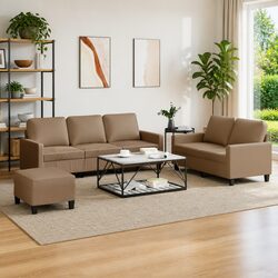Cozy 3 Piece Sofa Set with Footstool in Brown Faux Leather