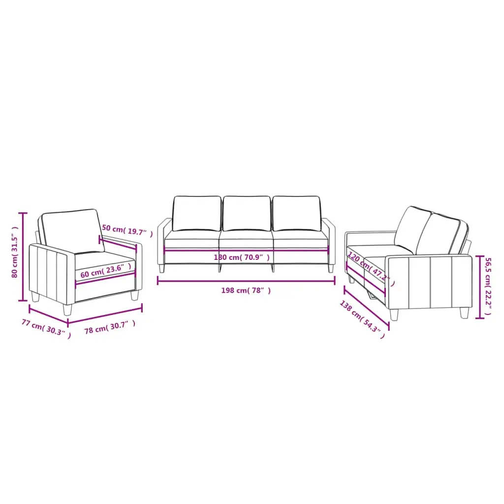 3 Piece Sofa Set Grey Fabric Modern Couch