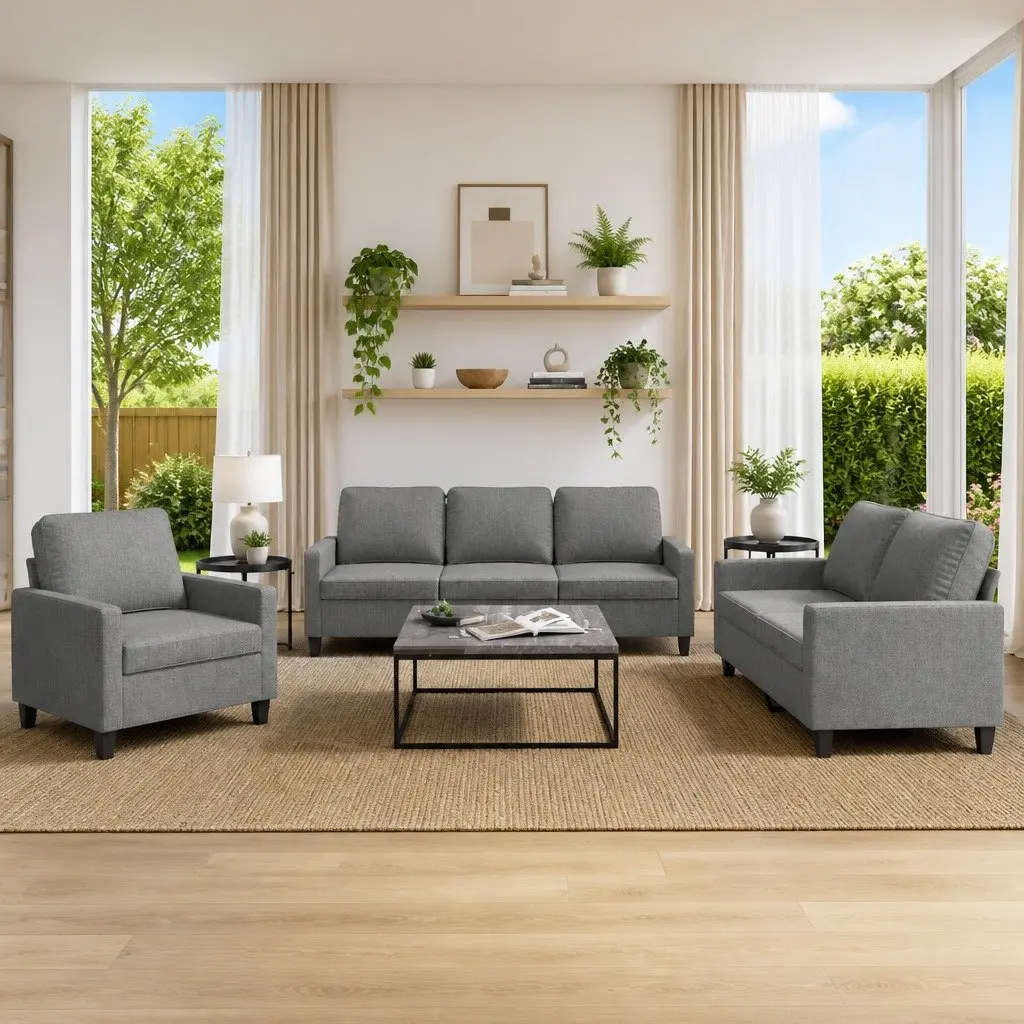 3 Piece Sofa Set Grey Fabric Living Room Furniture Lounge Seating with Cushions