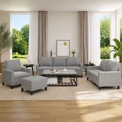 4 Piece Grey Fabric Sofa Set with Footstool and Cushions