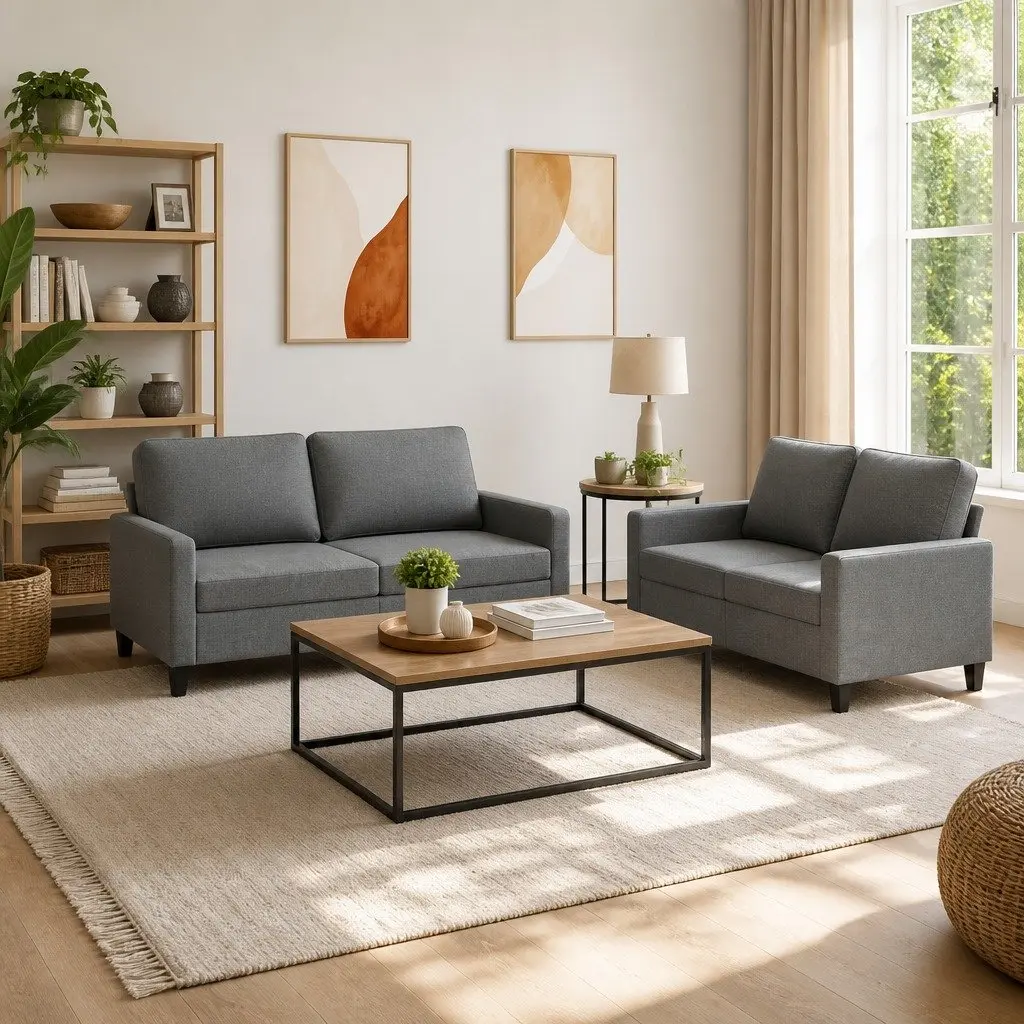 Sofa Set Grey Fabric 2 Piece Couch Lounge Suite