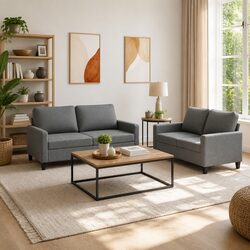 Comfortable 2 Piece Grey Fabric Sofa Set with Cushions