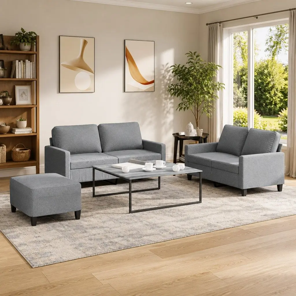 Sofa Set Grey Fabric 3 Piece Living Room Lounge Suite with Footstool