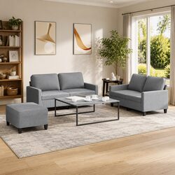 3 Piece Light Grey Sofa Set with Footstool