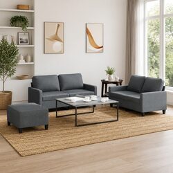 3 Piece Grey Fabric Sofa Set with Footstool
