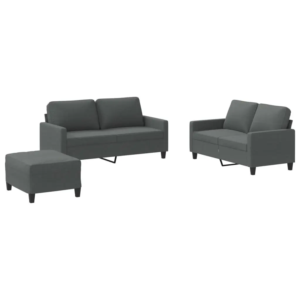 3 Piece Grey Fabric Sofa Set Durable Fabric Plywood and Metal Frame Compact Living Room Furniture