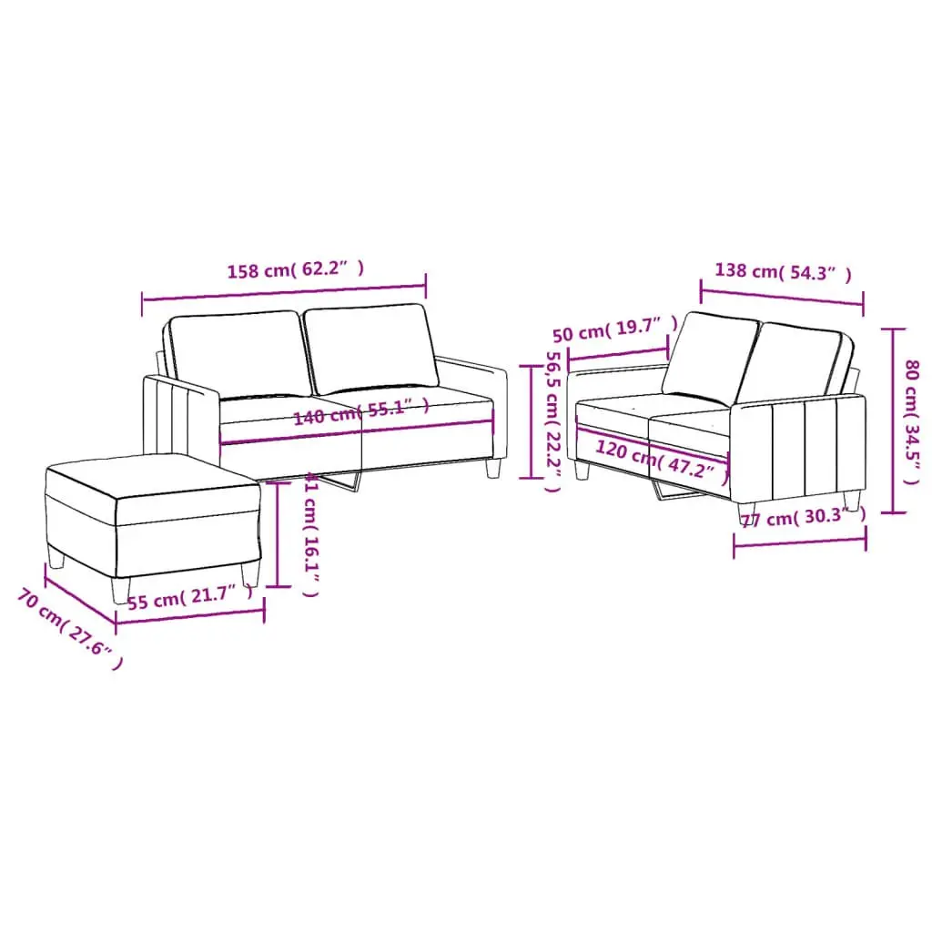 3 Piece Grey Fabric Sofa Set Durable Fabric Plywood and Metal Frame Compact Living Room Furniture