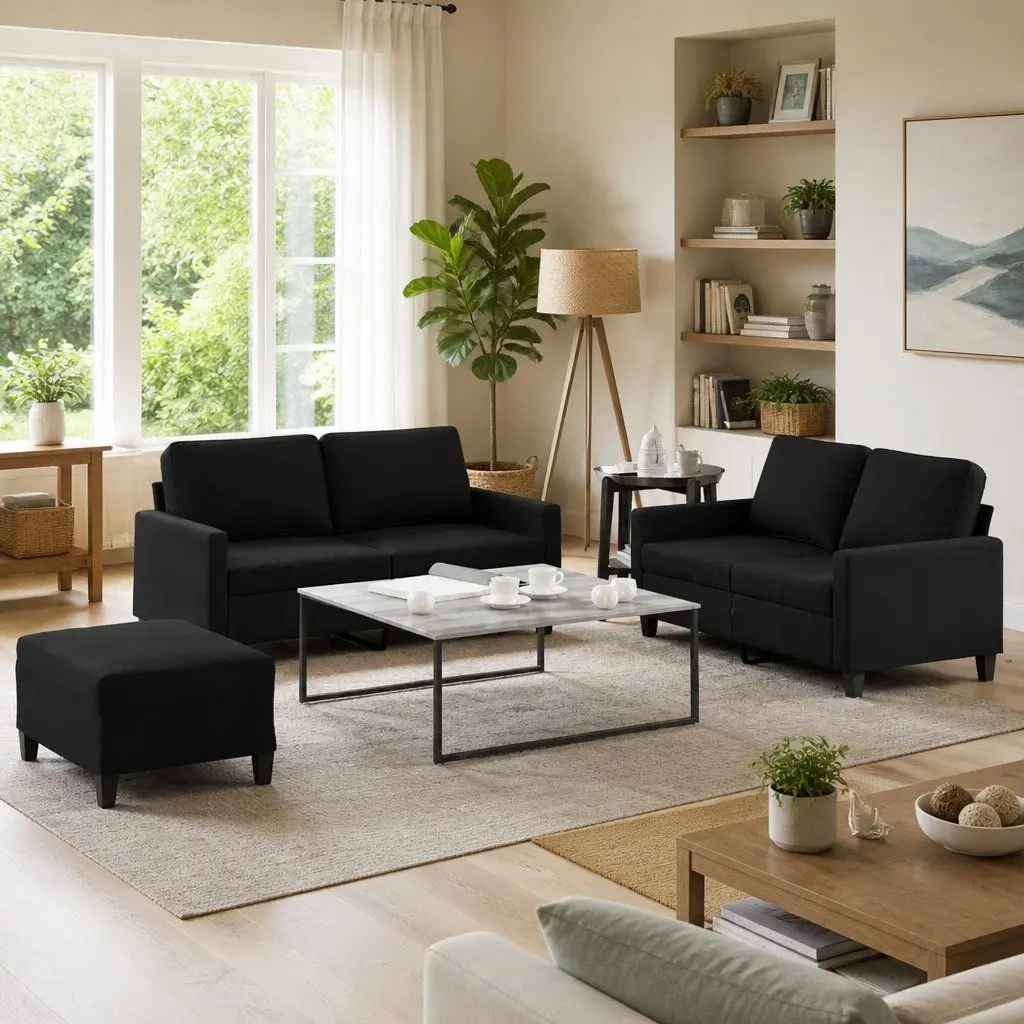 Black Fabric Sofa Set 3 Piece Living Room Furniture Plywood and Metal Frame