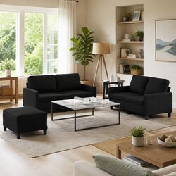 Warm Black Fabric Sofa Set with Cushions and Footstool