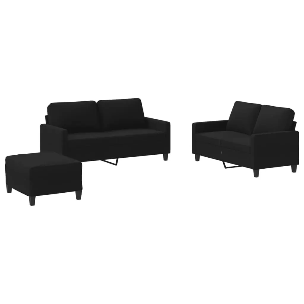 Black Fabric Sofa Set 3 Piece Living Room Furniture Plywood and Metal Frame