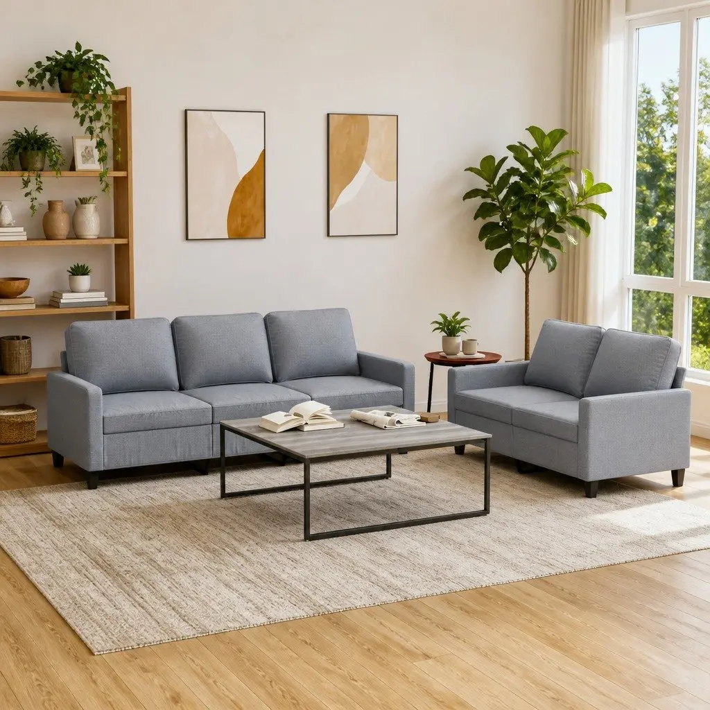 Sofa Set Grey Fabric 2 Piece Lounge Suite Durable Plywood Metal Frame