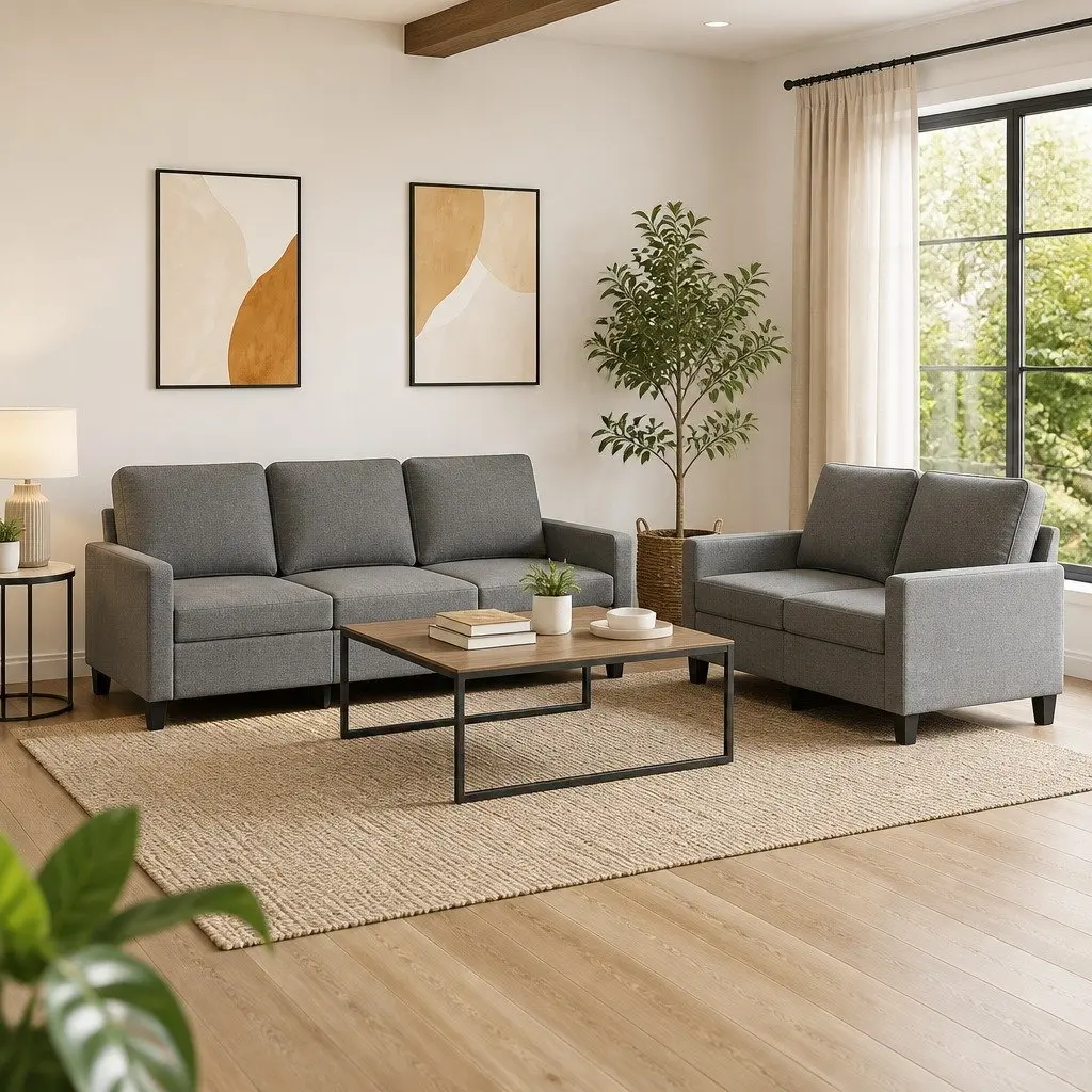 2 Piece Grey Fabric Sofa Set with Cushions Plywood and Metal Frame
