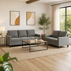 2 Piece Grey Fabric Sofa Set with Comfortable Cushions