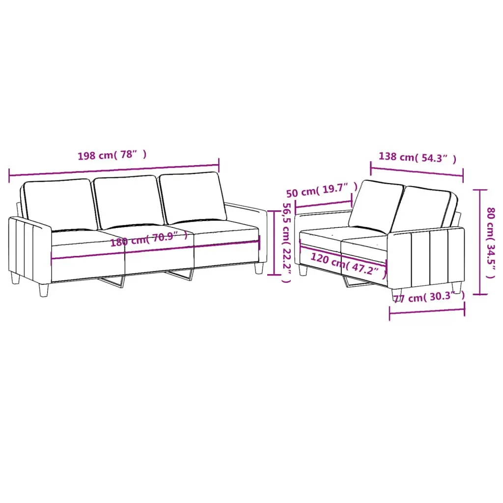 2 Piece Grey Fabric Sofa Set with Cushions Plywood and Metal Frame