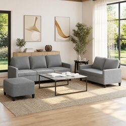 Cozy 3 Piece Grey Fabric Sofa Set with Footstool