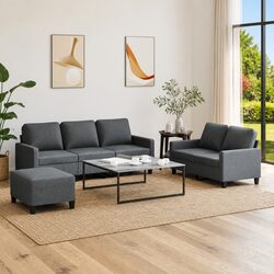 Grey Fabric 3 Piece Lounge Sofa Set with Footstool