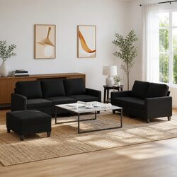 Cozy 3 Piece Sofa Set with Cushions in Black Fabric