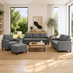 4 Piece Grey Velvet Sofa Set with Footstool