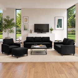 Black Velvet 4 Piece Sofa Set with Footstool