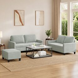 3 Piece Light Grey Velvet Sofa Set with Footstool